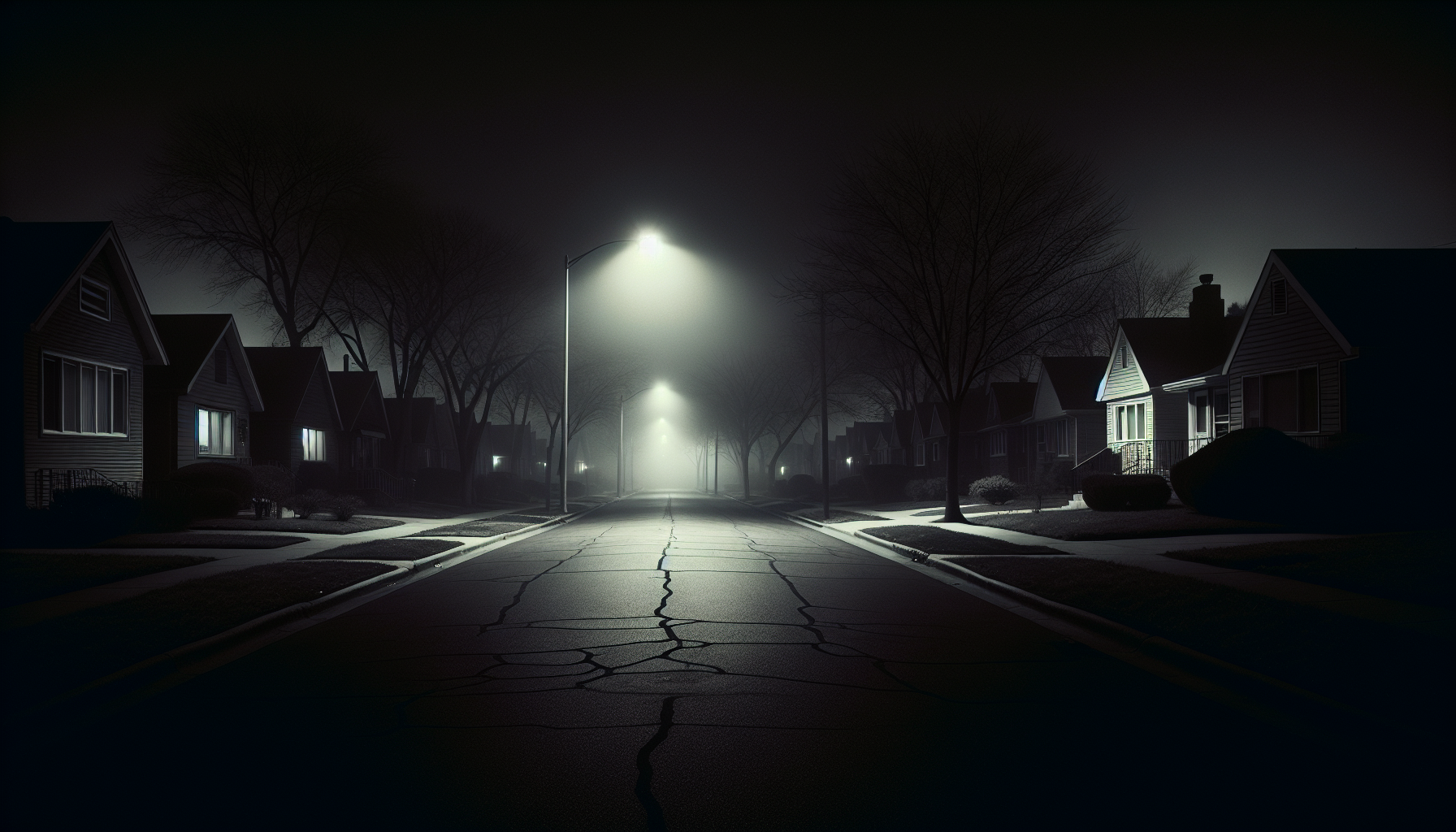 A quiet suburban street at night with cracked sidewalks, dim streetlights, and dark houses under a faint porch light.