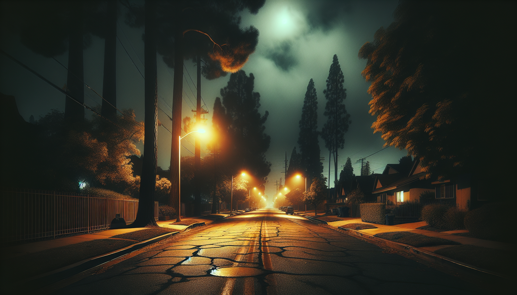 A quiet suburban street at night, lined with tall trees and dim streetlamps, empty sidewalks stretching into the distance under a cloudy sky.