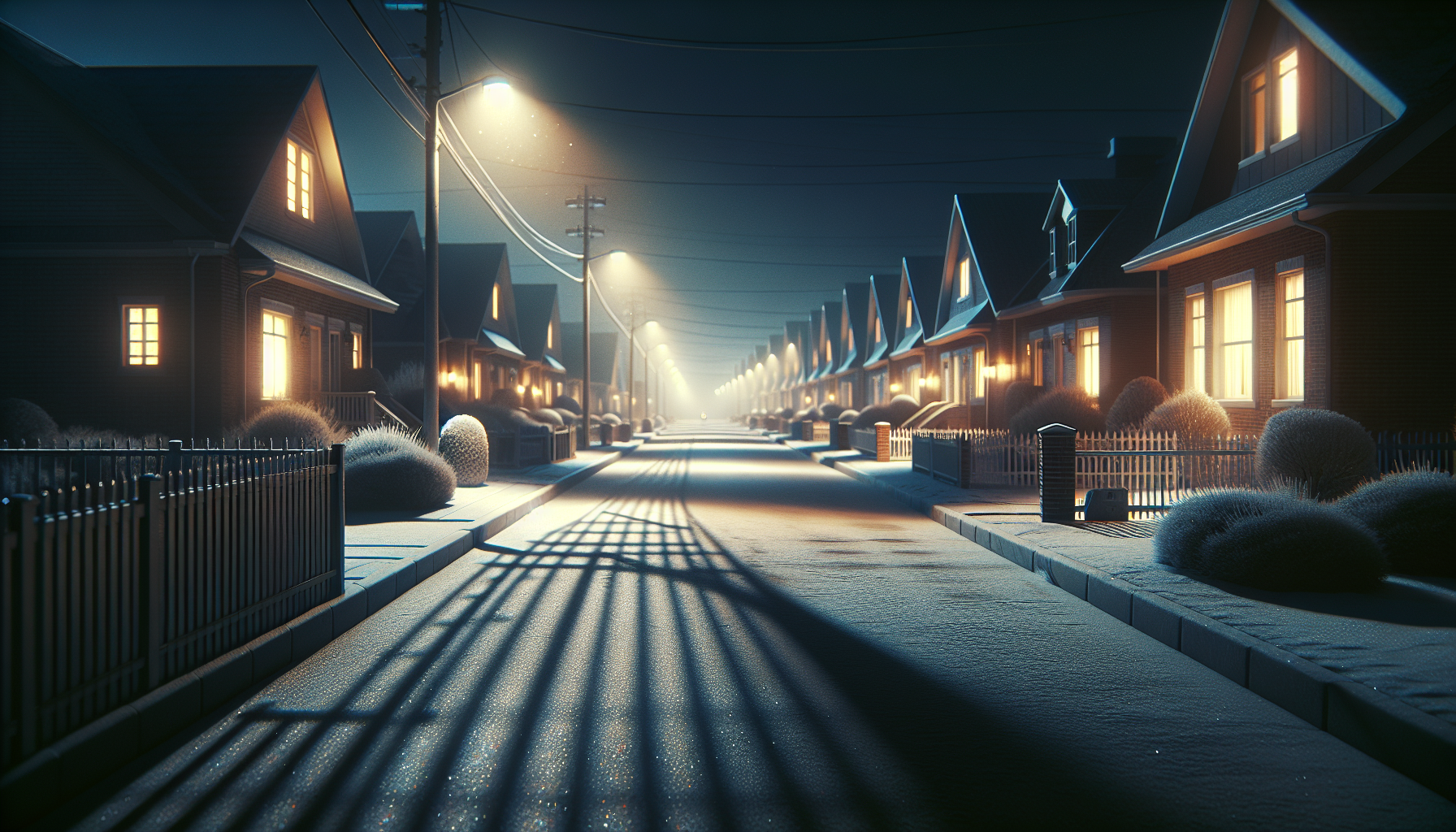 A quiet suburban street at night in winter with frosted sidewalks, dim streetlights, and distant windows faintly glowing in the cold.