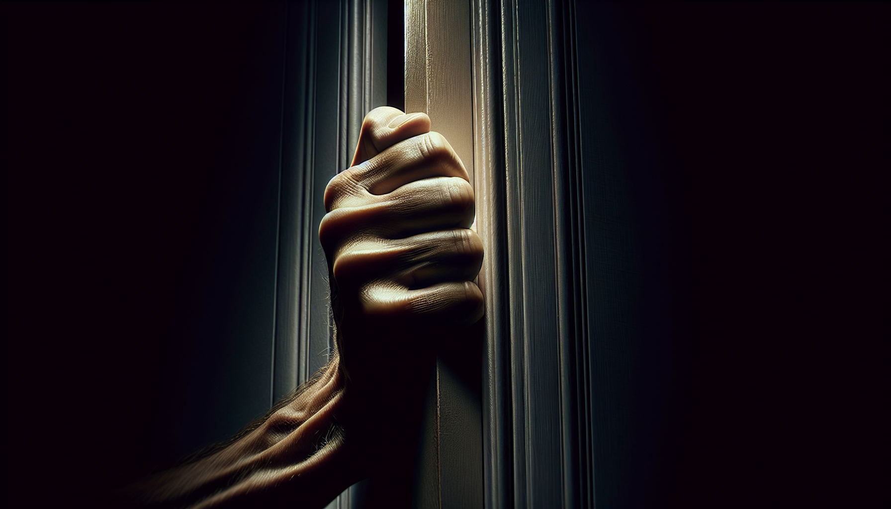 A nervous hand grips a doorframe under dim light, the skin tense with anticipation and fear.