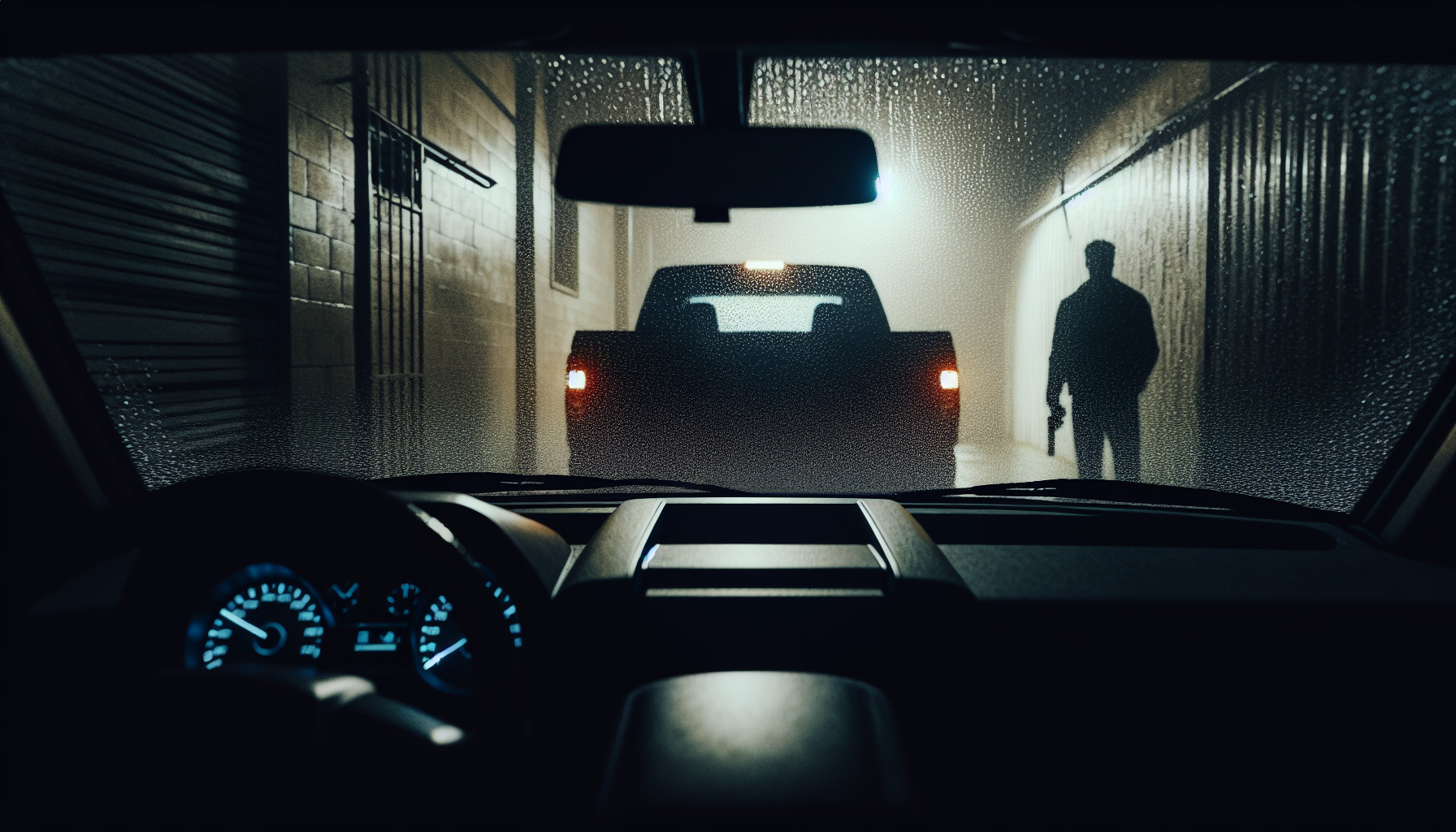Seen through a rainy windshield, a rigid figure sits in a dark pickup truck rolling slowly from a shadowy alley under cold streetlights.