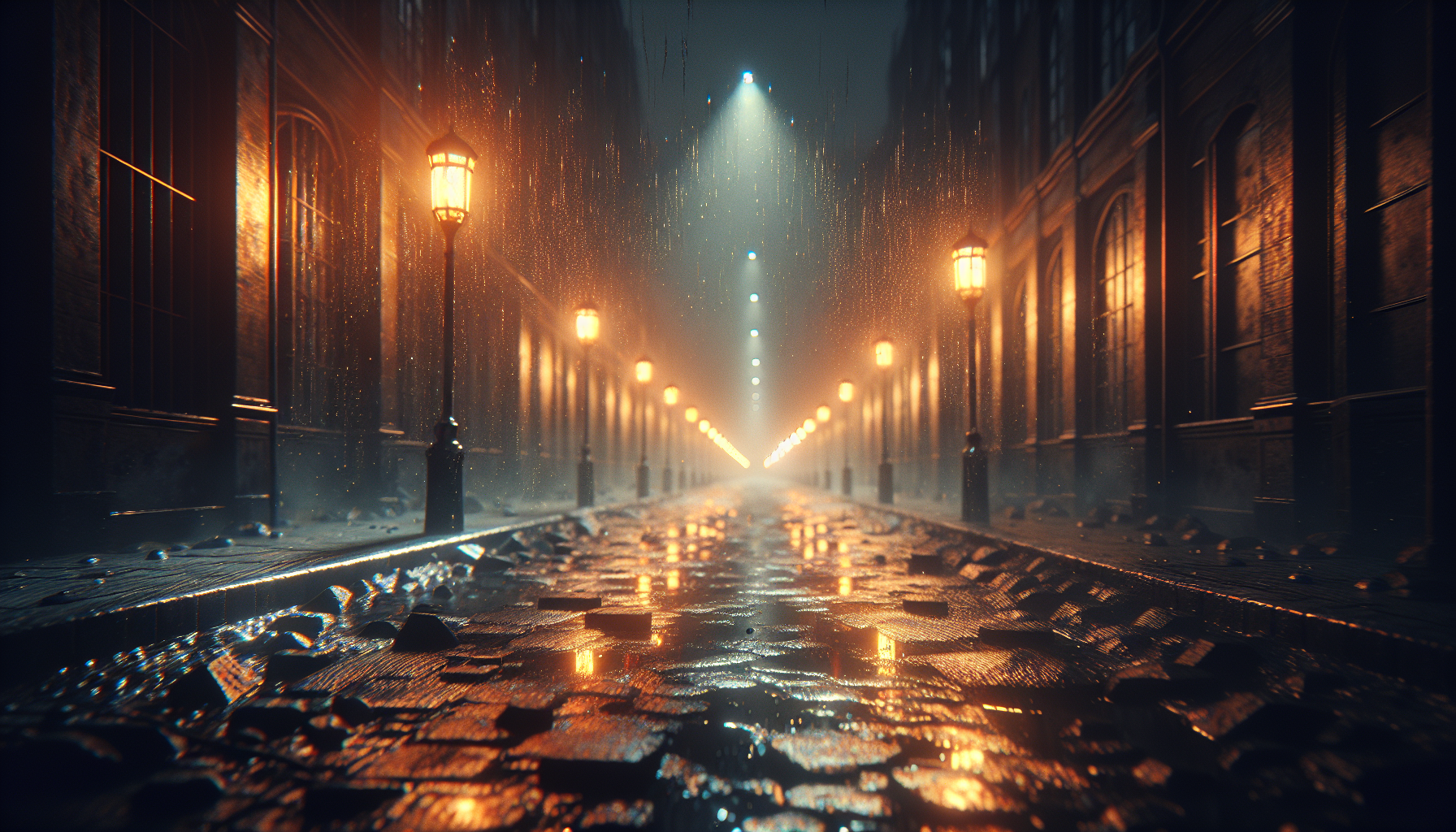 A deserted urban street seen through a rain-speckled windshield, pale gaslights flickering over pavement and shadows.