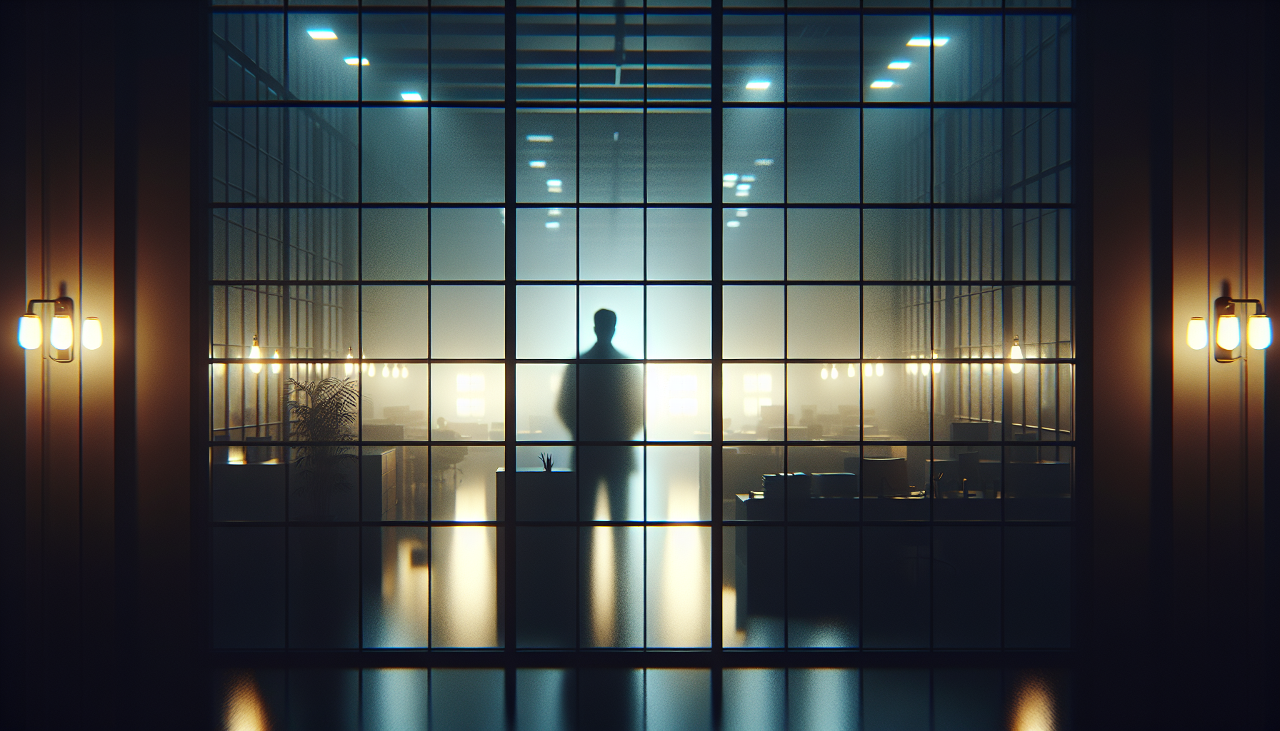 A close-up of a night window reflection showing a blurry human silhouette behind the glass in dim, uneven light.