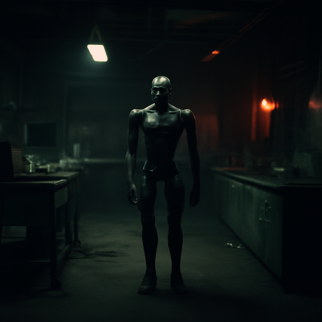 Humanoid robot waiting inside a dark abandoned laboratory