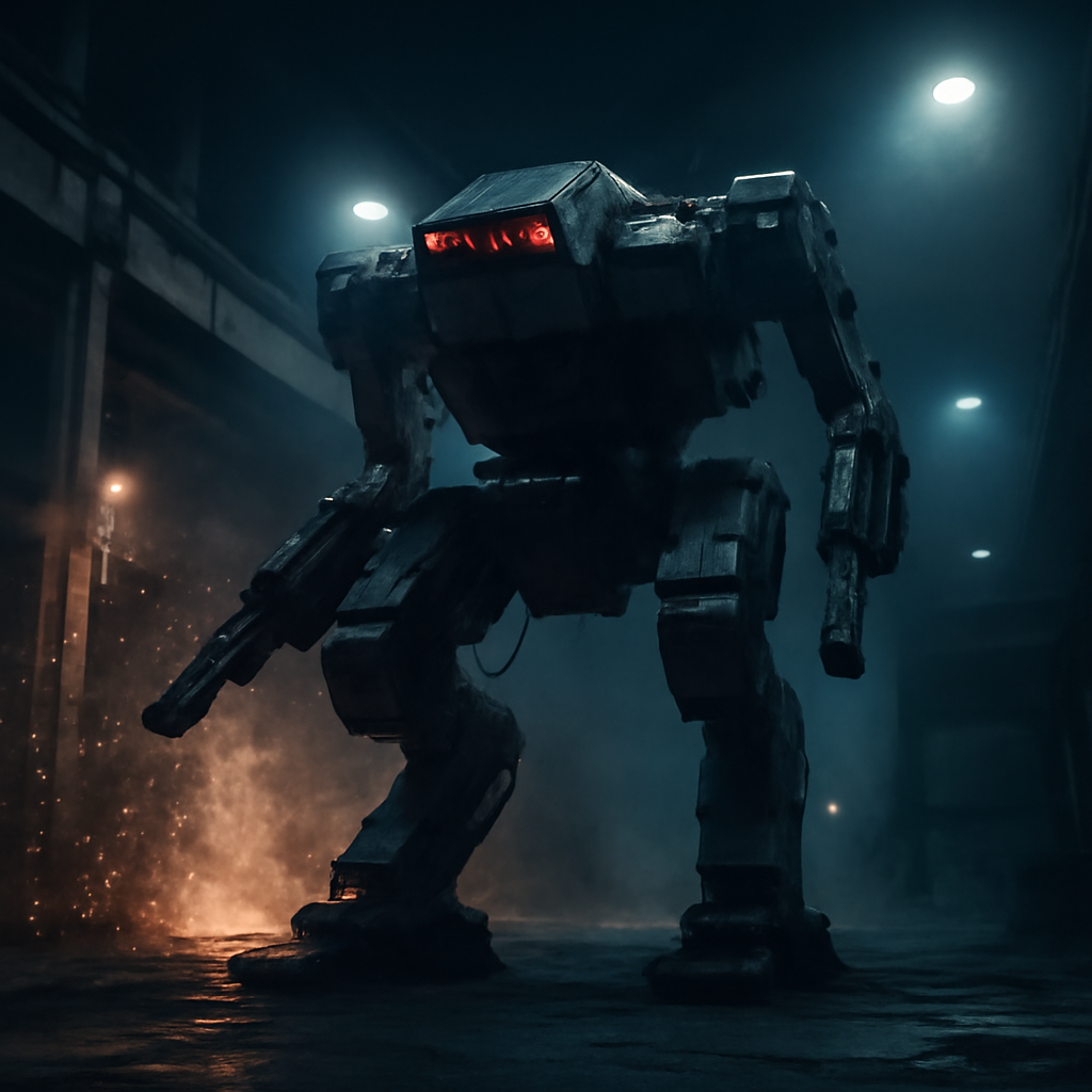 Autonomous combat machine stalking an abandoned industrial facility