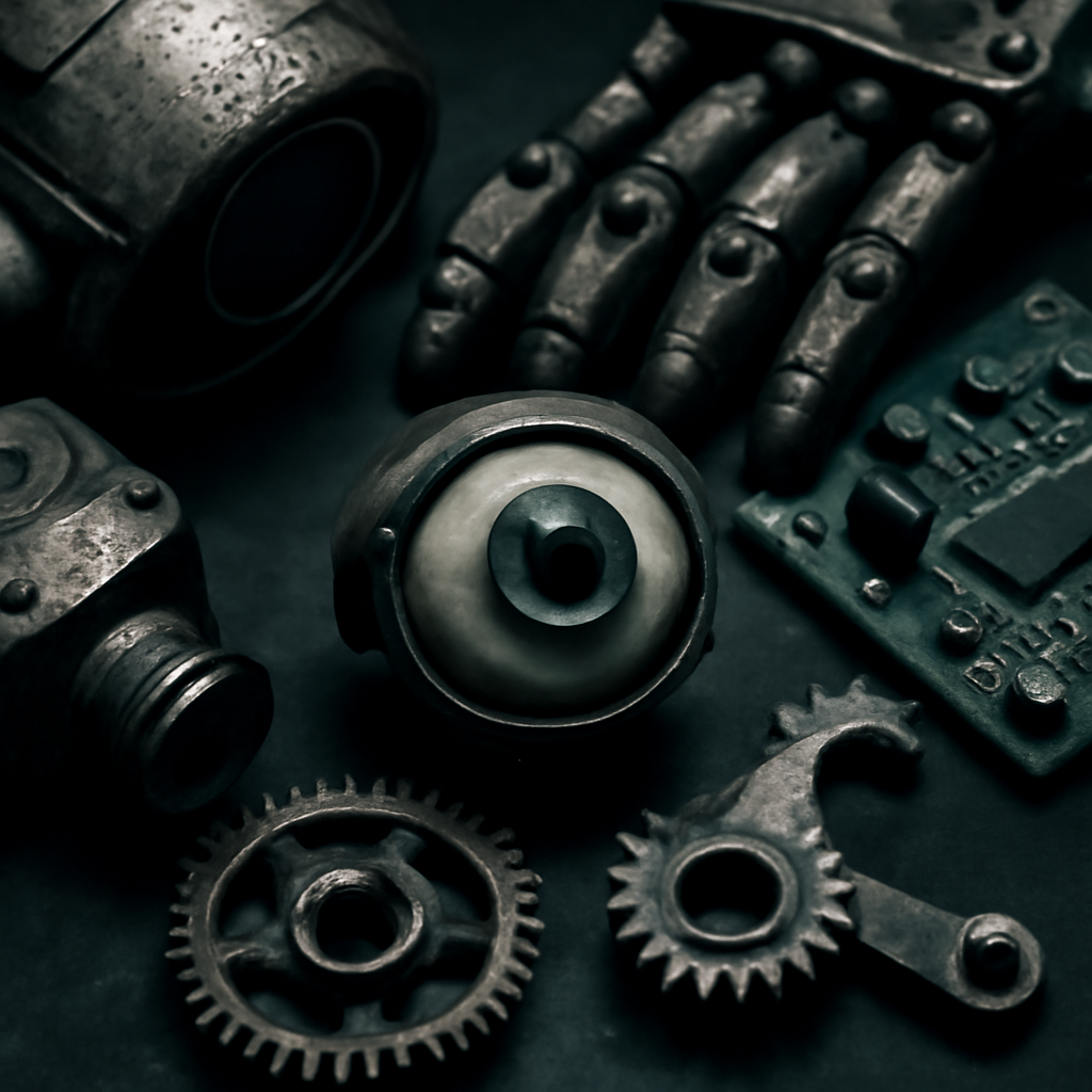 Robot components arranged beneath dramatic studio lighting