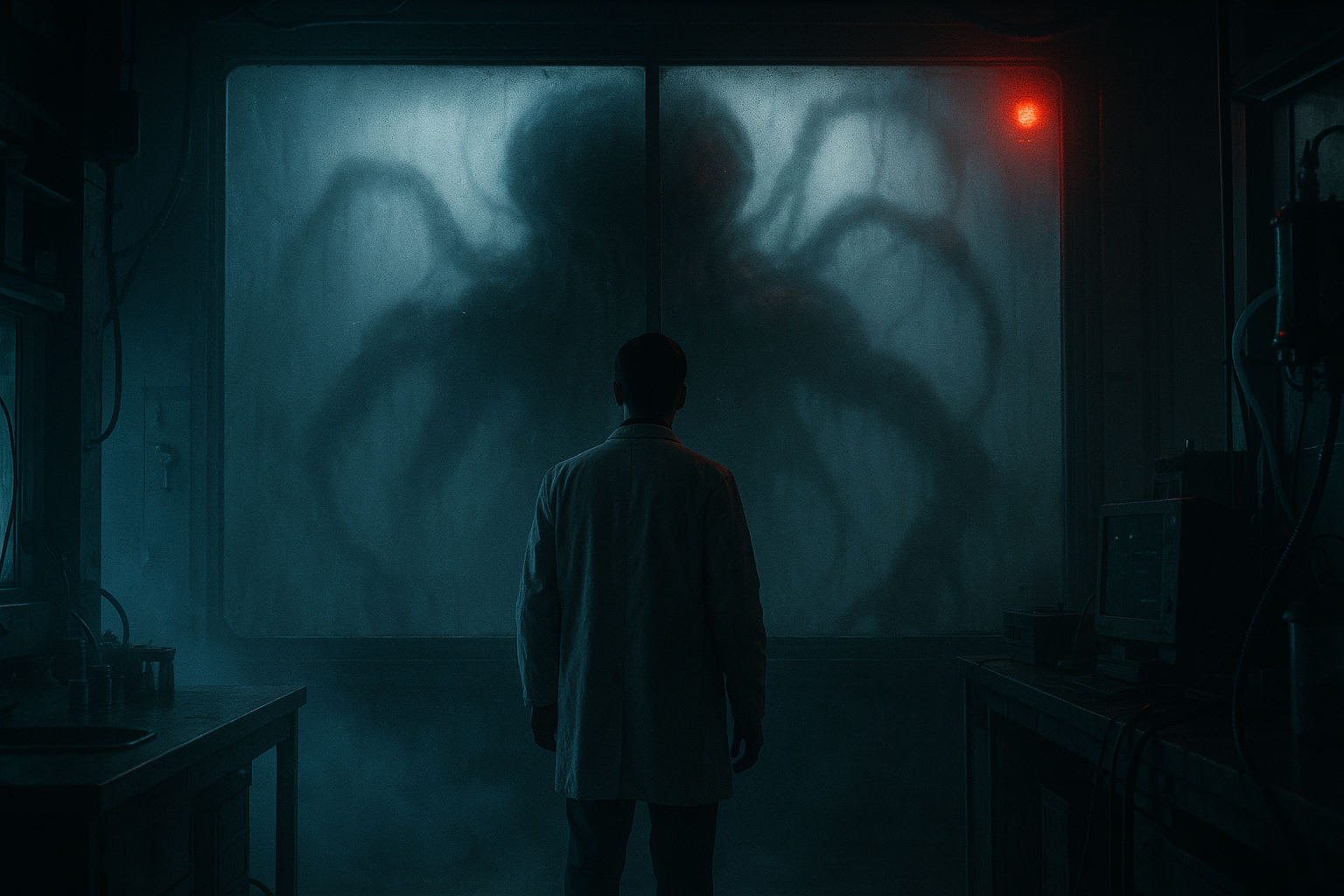 Researcher confronting an alien life form in a futuristic laboratory representing science fiction horror movies.