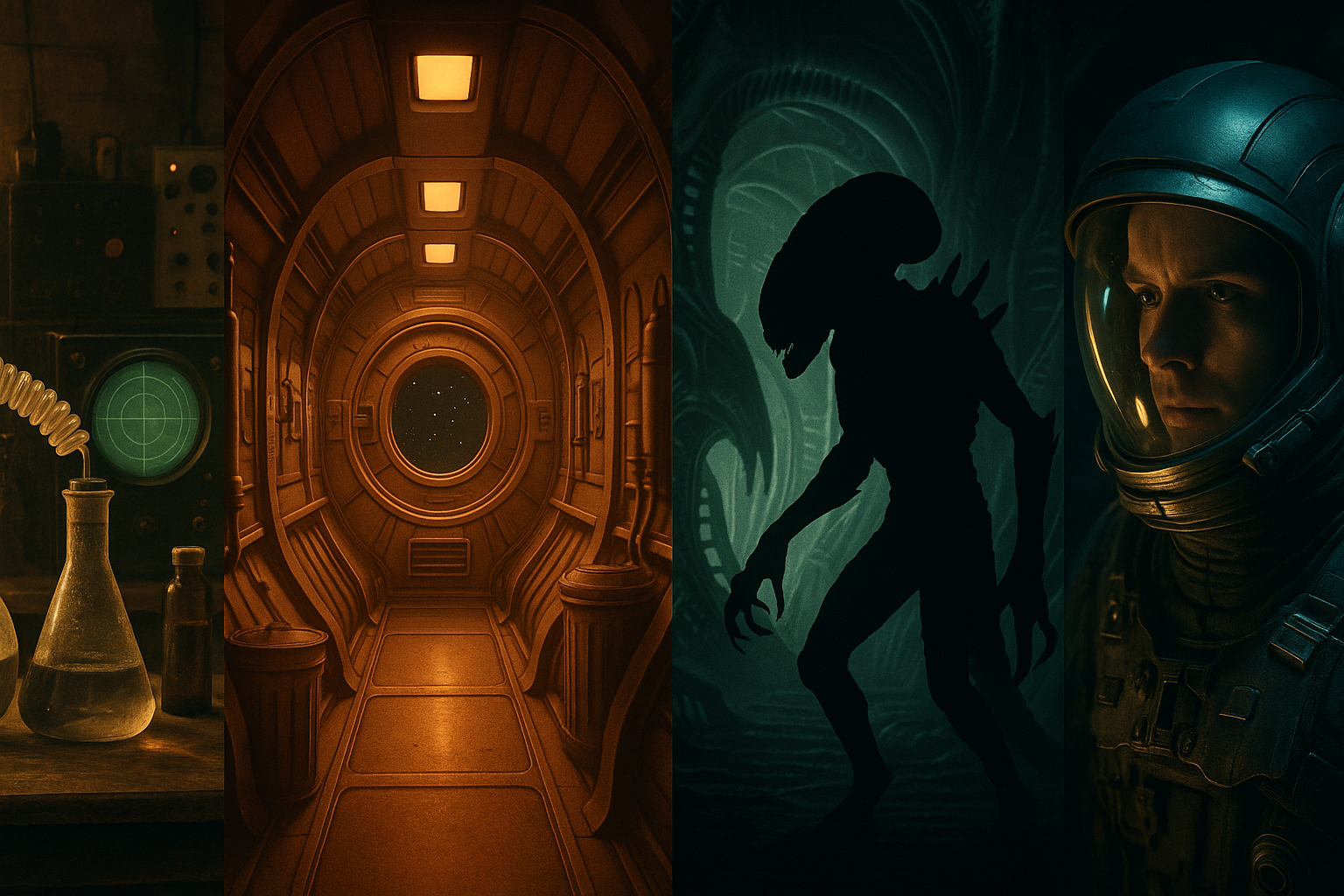 Timeline-style collage showing the evolution of sci-fi horror from classic monster films to modern space terror.