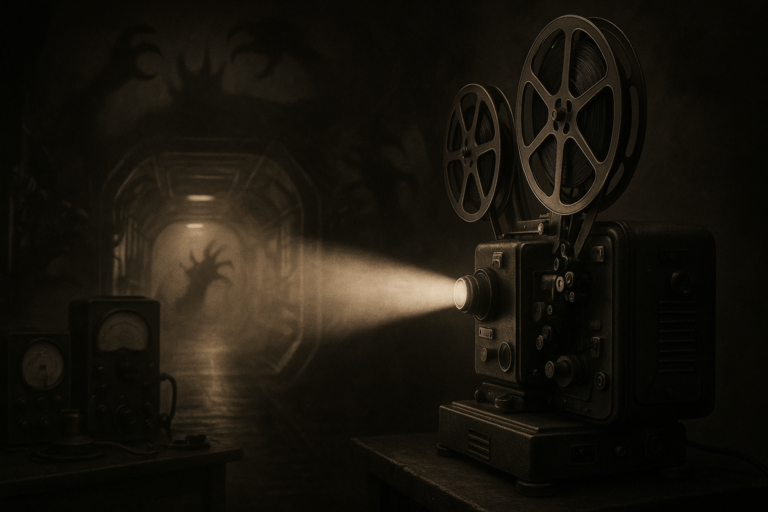 Vintage movie projector illuminating a dark spaceship corridor inspired by classic sci-fi horror cinema.