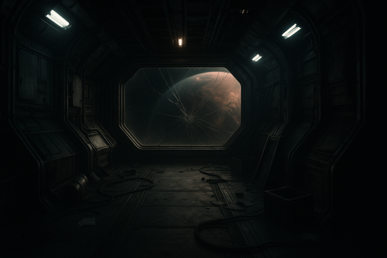 Empty spacecraft corridor overlooking a hostile alien world through a damaged observation window.