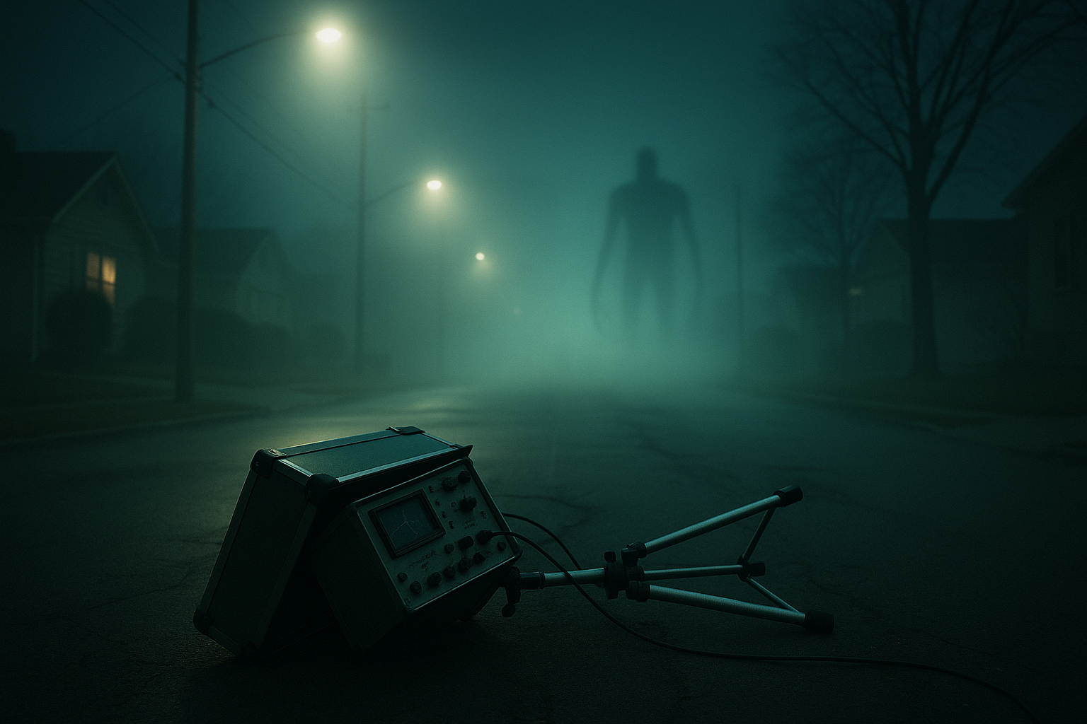 Shadowy extraterrestrial figure emerging from dense fog on a deserted suburban street at night.