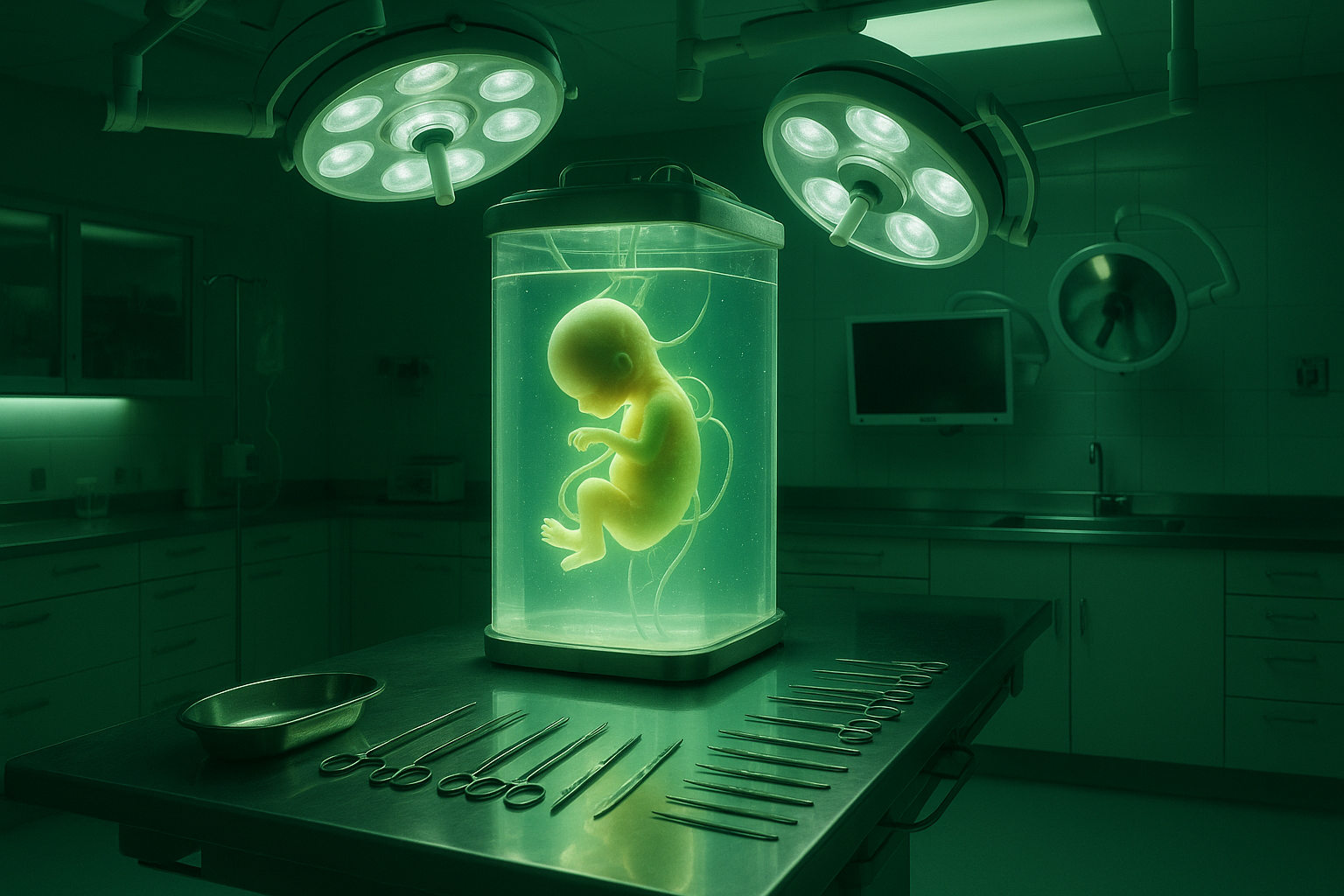Futuristic laboratory containing a glowing biological specimen during a genetic experiment.