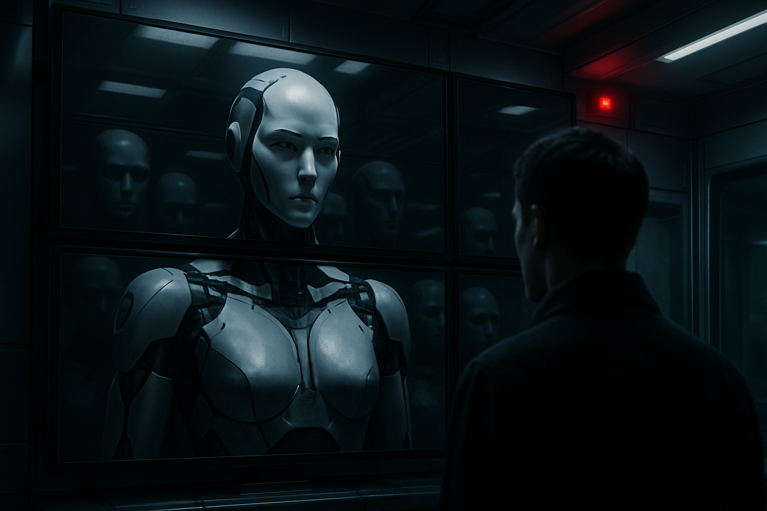 Humanoid artificial intelligence reflected across dark computer monitors inside a high-tech laboratory.