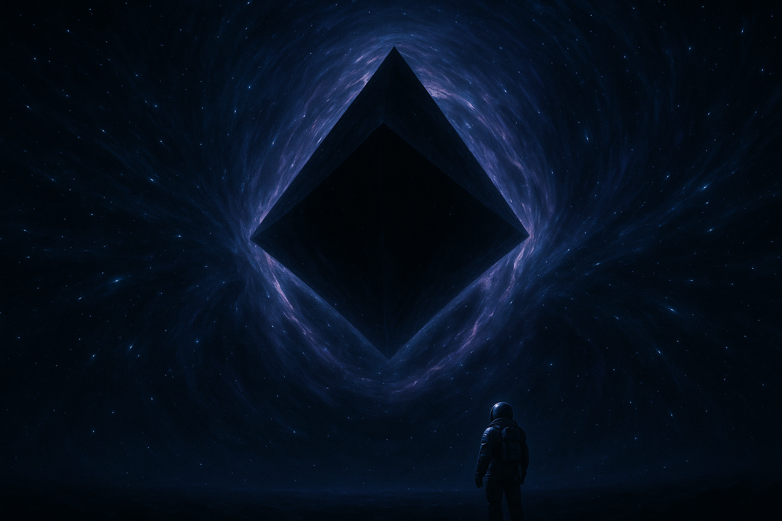 Lone astronaut facing an immense cosmic phenomenon in deep space beyond human understanding.