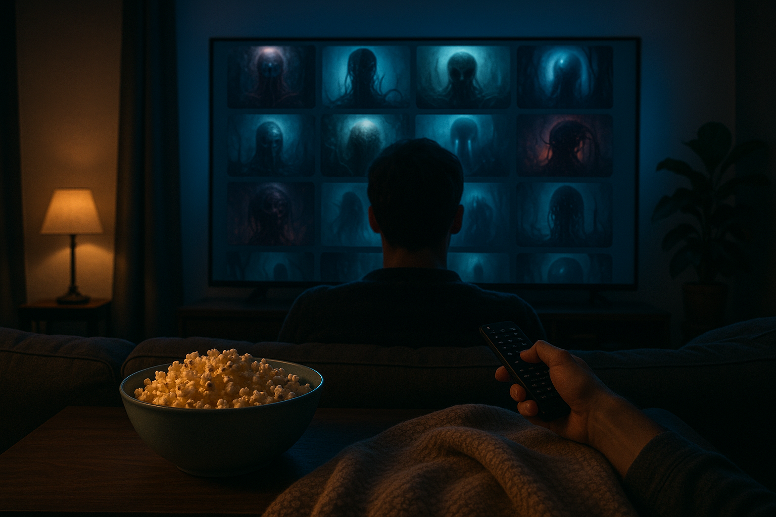 Viewer selecting a science fiction horror film from a home theater entertainment system.
