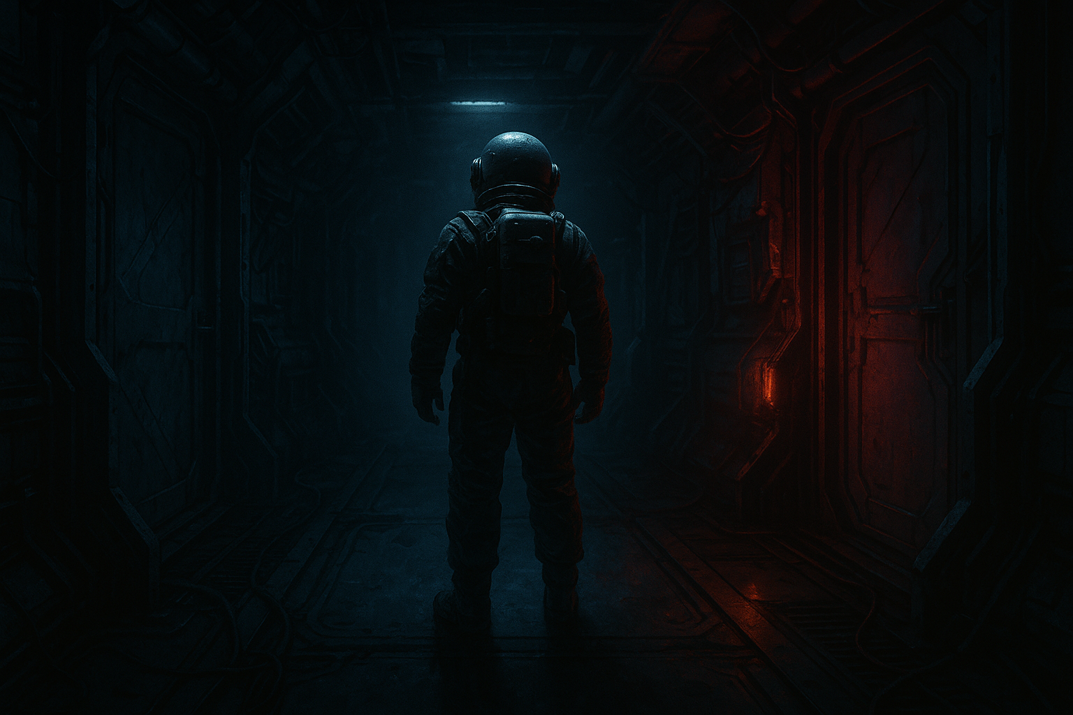 Astronaut facing a dark corridor aboard a spaceship