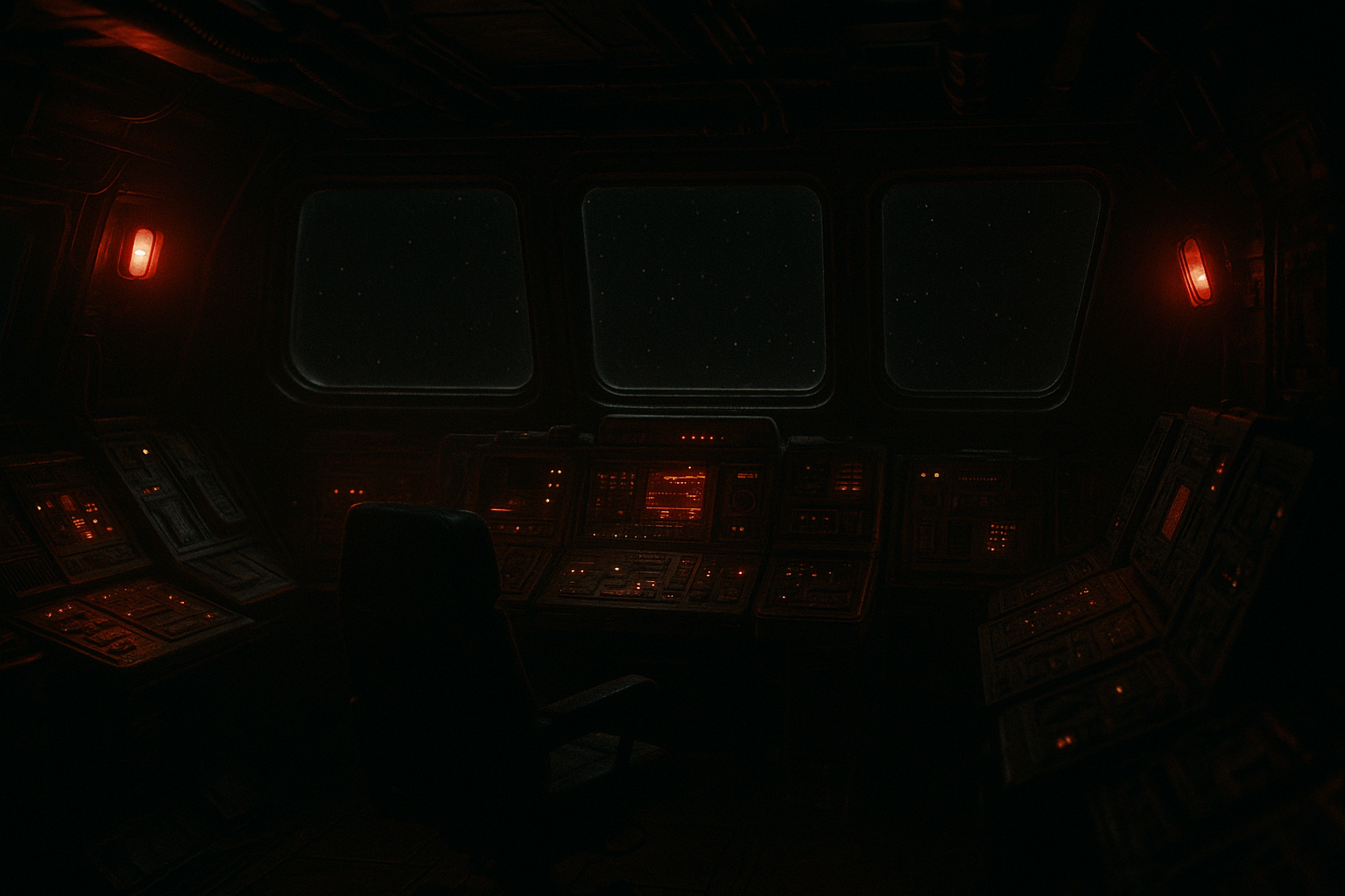 Empty spaceship control room illuminated by warning lights