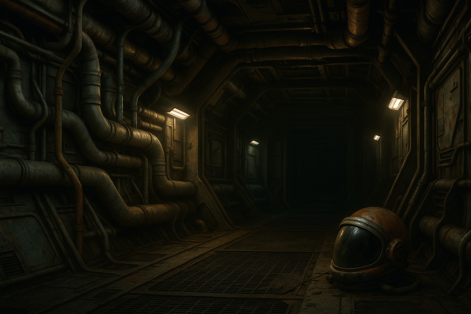 Industrial spaceship interior evoking classic science fiction horror