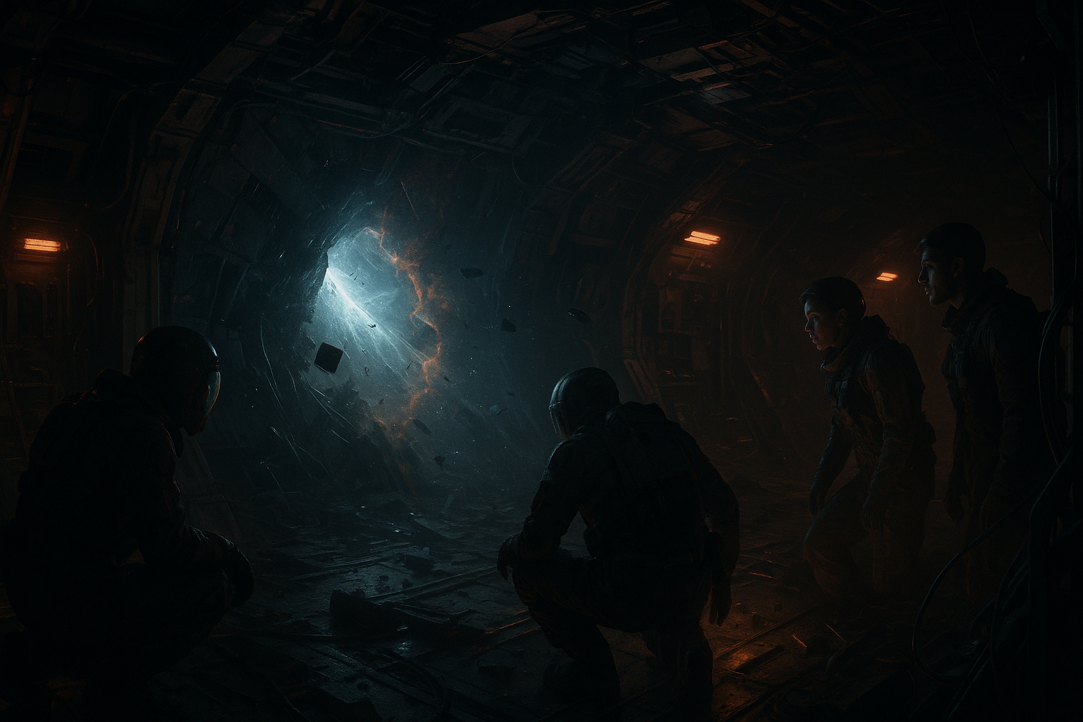 Crew investigating damage inside a modern spacecraft