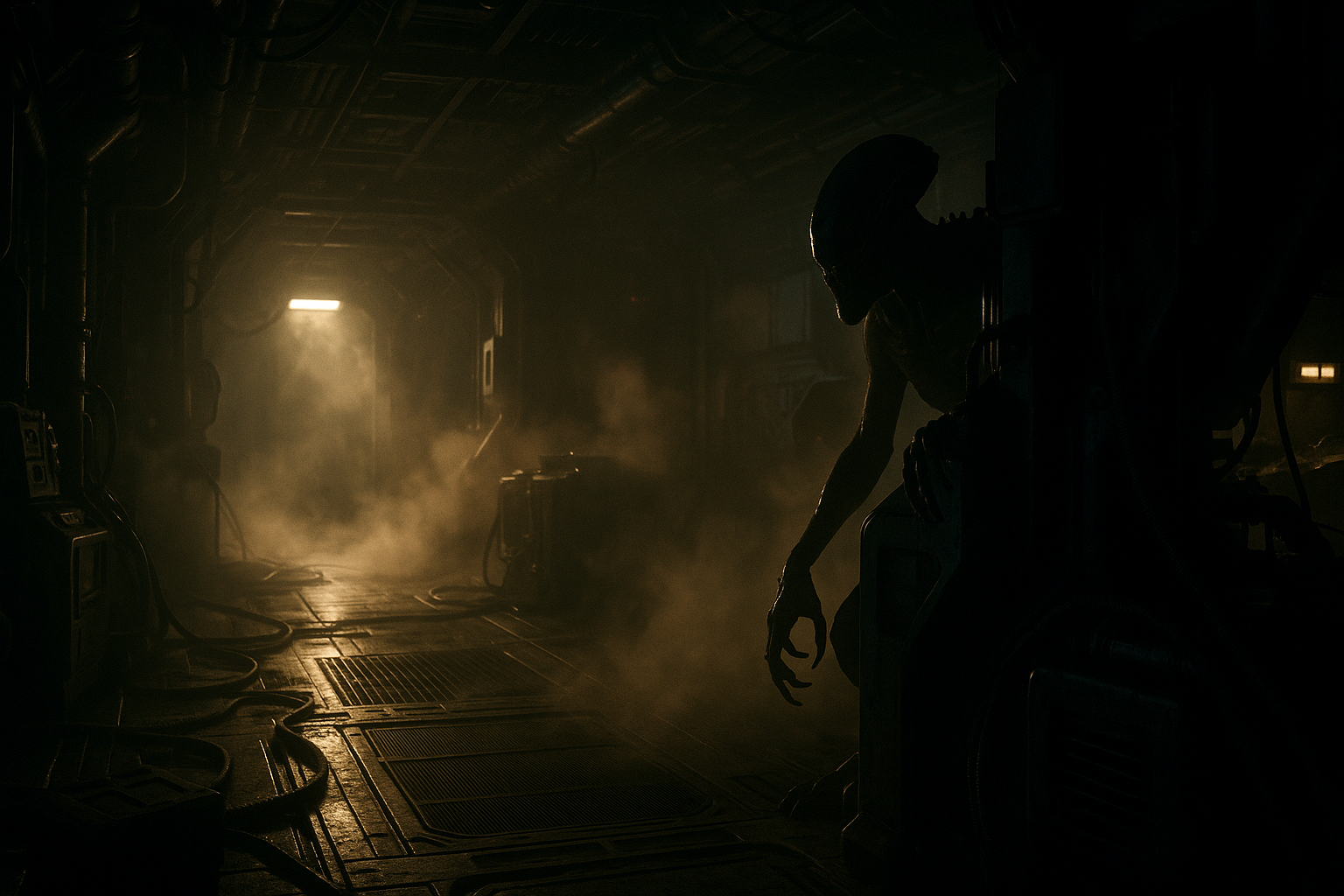 Mysterious creature silhouette in a spaceship maintenance bay