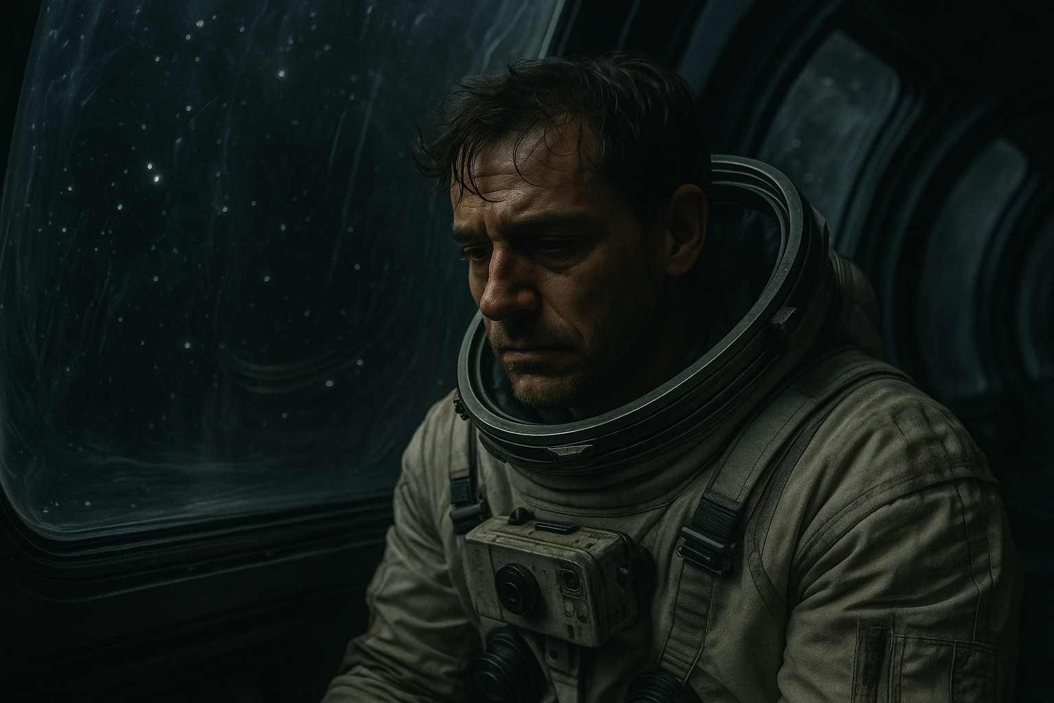 Isolated astronaut reflected in a spacecraft observation window